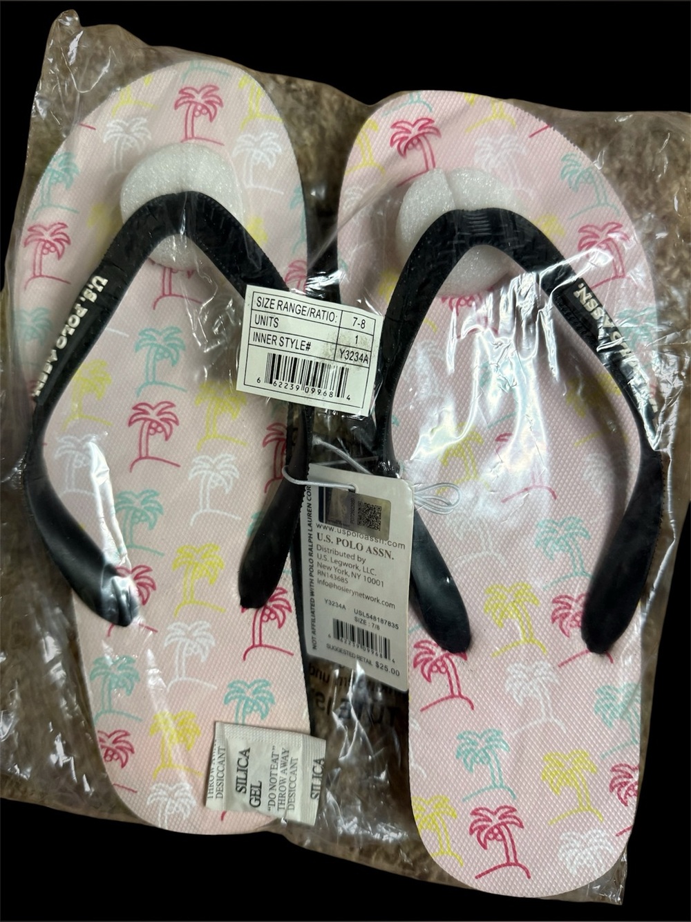 NWT U.S. Polo Assn. Pink Palm Tree Flip Flops Thong Sandals Size 7-8